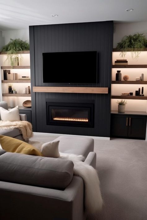 Black Tv Wall Living Room With Fireplace, Family Room Tv Wall Ideas Fireplaces, Tv Fireplace Built In Bookshelves, Linear Fireplace Ideas With Tv, Black Fireplace Light Floors, Dark Fireplace Tv Wall, Faux Living Room Fireplace, Media Wall Shiplap, Vent Free Gas Fireplace Farmhouse