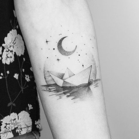 Paper Boat Tattoo, Paper Airplane Tattoos, Kids Tattoo, Boat Tattoo, Airplane Tattoos, Tattoo Dotwork, Boat Drawing, Vegan Tattoo, Water Tattoo