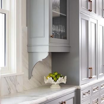 Upper Cabinets With Corbels Design Ideas Farmhouse Gray Cabinets, Kitchen Corbels, Cabinet Design Kitchen, Modern White Kitchen Cabinets, Ikea Farmhouse, Farmhouse Gray, Modern Grey Kitchen, Upper Kitchen Cabinets, Kitchen Ikea