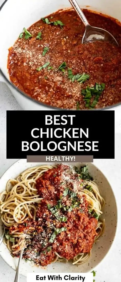 This one pot chicken bolognese is a healthy and easy to make dinner recipe that is perfect for meal prep. It's gluten free, dairy free and the best spaghetti sauce ever. My favorite easy pasta recipe! Chicken Bolognese Sauce, Peanut Chicken Curry, Chicken Bolognese, Simple Stir Fry, Butternut Squash Pasta Sauce, Chicken Carrots, Gluten Free Spaghetti, Chicken With Italian Seasoning, Baked Spaghetti Squash