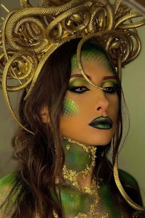 Aside from the massive golden headpiece, you’ll need fish stockings to accomplish snake skin. The snakeskin also features blue, green, and yellow colors. //photocredit:@danijelajapundzic_makeup Golden Headpiece, Medusa Makeup, Green Powder, Do Not Be Afraid, Green And Yellow, Be Afraid, Yellow Color, Snake Skin, Headpiece