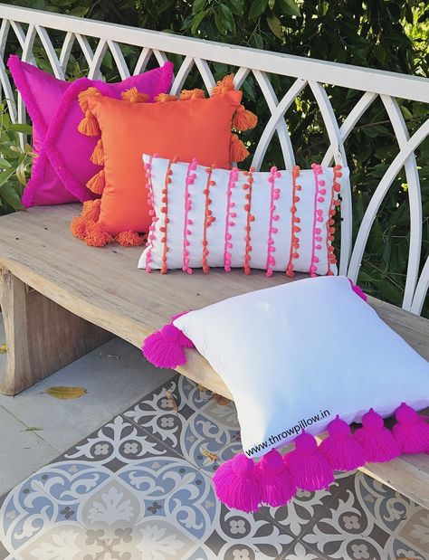 Buy Dorm Room Special Vibrant Fiesta Fusion Pom Pom and Tassels Cover Combo of 4 Custom Made Free Shipping Online in India - Etsy Hot Pink Throw Blanket On Bed, Orange Pink Room Aesthetic, Dolly Room Decor, Pink And Orange Themed Room, Pink And Orange Pillow, Pink Orange Gold Dorm Room, Hot Pink And White Room Aesthetic, Bright Colored Room Aesthetic, Orange Pink Dorm Room