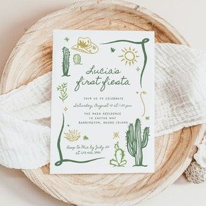 LUCIA | First Fiesta and Fun Cactus Scribble Western Rodeo ONE 1st Birthday Party Invitation Template Instant Download Editable Invite No time to siesta, it's time to fiesta! This adorable birthday invitation features adorable hand drawn western doodle scribble illustrations paired together with minimalist simple script. Perfect for Cinco de Mayo or a birthday any time of year! Personalize this template using Corjl's self-editor Taco Invitation, Taco Birthday Party Invitations, Cowboy First Birthday Invitations, Cactus Birthday Party Invitation, Cactus Invitation Template, Hand Drawn Invitation, 1st Birthday Party Invitations, Birthday Party Invitation Templates, Editable Invitations