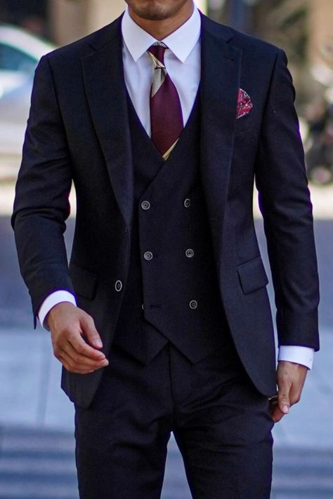 Man wearing a navy three piece suit. Black Wedding Suit For Groom, Mens Suit For Wedding, Masculine Contemporary, Navy Blue Suit Men, Three Piece Suit Wedding, Three Piece Suit Mens, Black Three Piece Suit, 3 Piece Suit Men, Blue Three Piece Suit