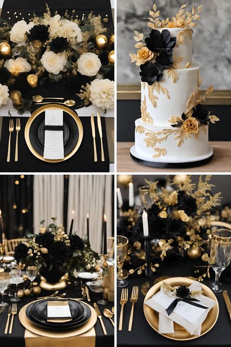 Black and Gold Wedding Color Ideas: Beautiful Black, Gold, and White Ideas - Francisca's Bridal Black White Ivory Gold Wedding, Flowers For Black And Gold Wedding, Black Gold And Pearl Wedding, Wedding Colors Black And Gold, Black White Gold Wedding Reception, Wedding Black Gold White, Black Ivory And Gold Wedding Reception, Black Gold And White Party Decor, Wedding Ideas Gold And Black