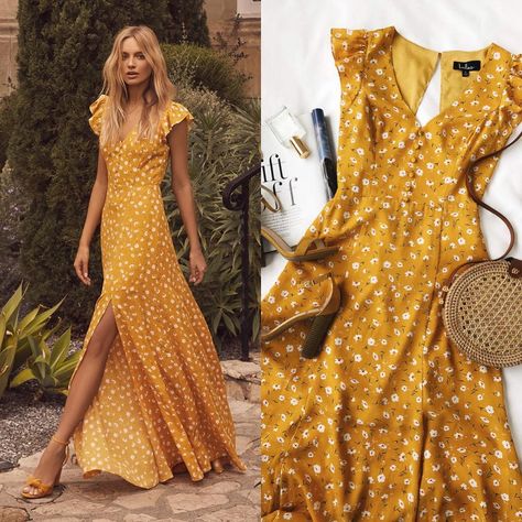 Sunny as sunny day @lulus  Mustard Yellow Floral Print Backless Maxi Dress Fancy Maxi Dress, Trendy Dresses Summer, Modest Summer, Polka Dot Maxi Dresses, Dresses Modest, Floral Dresses Long, Backless Maxi Dresses, Maxi Robes, Dresses 2024