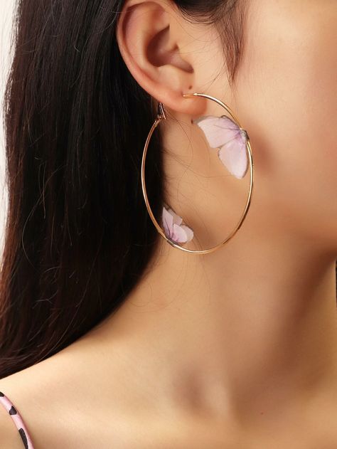 Butterfly Decor Hoop Earrings | SHEIN USA Pretty Earrings Aesthetic, Small Hoop Earrings Aesthetic, Shein Hoop Earrings, Shein Earrings, Trendy Butterfly Hoop Earrings As Gift, Butterfly Hoop Earrings, Butterfly Charm Hoop Earrings As Gift, Gold Hoop Earrings Outfit, Gold Hypoallergenic Butterfly Hoop Earrings