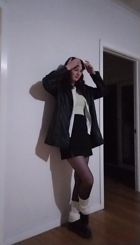 White Button Up, Sheer Tights, Tights Outfit, Black Mini Skirt, Black Leather Jacket, Black Button, Black Skirt, Black Long Sleeve, Tights