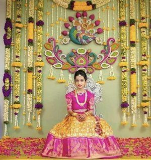 Haldi Backdrops, Indian Celebration, Leaf Decor Wedding, Saree Function, Wedding Stages, Home Flower Decor, Half Saree Function, Wedding Background Decoration, Housewarming Decorations