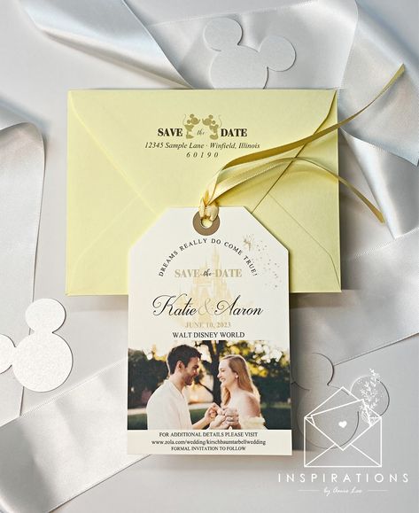 Beauty And The Beast Save The Date Ideas, Disney Save The Date Ideas, Disney Save The Date, Save The Date Disney, Send Wedding Invite To Disney, Disney Wedding Save The Date, Disney Wedding Save The Dates, Small Disney Wedding Details, Disney Invitations