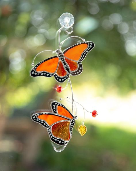 Monarch butterfly stained glass window hangings Christmas gift Modern stained glass butterfly suncat Stained Glass Monarch, Butterfly Stained Glass, Butterfly Suncatcher, Pic Candle, Modern Stained Glass, Stained Glass Birds, 7th Anniversary Gifts, Stained Glass Butterfly, Magical Creature