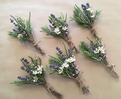 Natural style tied buttons, using rosemary, dried lavender, heather and waxflower. Lavender And Rosemary Bouquet, Heather Button Holes Wedding, Flower Arrangements With Lavender, Heather Wedding Decoration, Heather Centerpiece, Heather Buttonholes, Wildflower Buttonhole, Heather Wedding Bouquet, Lavender Buttonholes