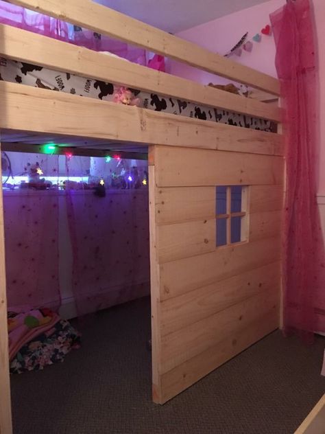 Bunk Bed Playhouse Diy, Loft Bed Fort Ideas, Lofted Twin Bed Diy, Diy Loft Bed With Stairs, Diy Loft Bed For Kids, Diy Full Size Bed Frame, Loft Bed Playhouse, Bunk Bed Playhouse, Corner Loft Beds