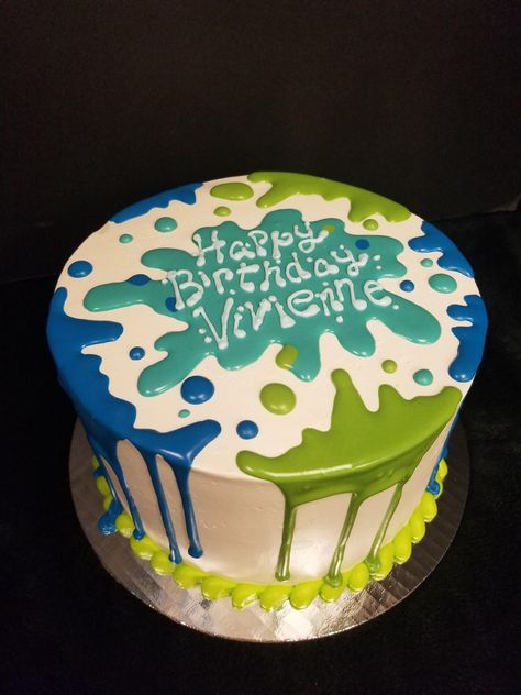 Splatter Birthday Cake, Paint Splatter Birthday Cake, Paint Splatter Birthday Party Ideas, Splatoon Birthday Cake, Slime Birthday Cake, Paint Splatter Cake, Splatoon Party, Splatoon Birthday, Slime Cake