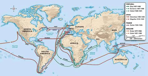 This map shows the routes taken by European explorers during the Age of Exploration. You can see the voyages of Christopher Columbus, Vasco da Gama, and other explorers as they ventured into the Atlantic world. Age Of Exploration, European Explorers, Homeschool Inspiration, Christopher Columbus, Arctic Ocean, Visual Aids, European History, First Contact, Secondary School