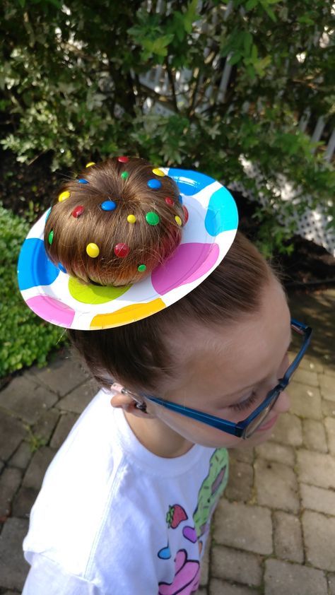 Crazy hair, donut with sprinkles Donut Hat, Donut With Sprinkles, Crazy Hat, Hair Donut, Crazy Hats, Crazy Hair Days, Toddler Hair, Crazy Hair, Halloween Girl