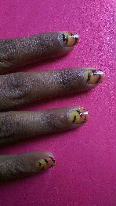 Tiger Nails Yellow and Orange ombre with black strips Tiger Nails, Nails Yellow, Orange Ombre, Nail Art, Orange, Nails, Yellow, Beauty, Black