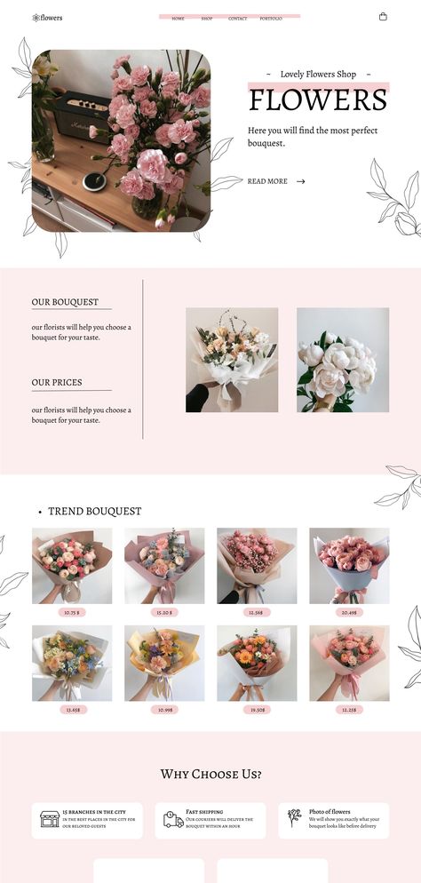 Flower Catalog Design Layout, Catalog Website Design, Florist Ideas Business, Floral Design Portfolio, Flower Website Design Inspiration, Flowers Website Design, Florist Graphic Design, Flower Shop Design Interiors, Florist Shop Ideas