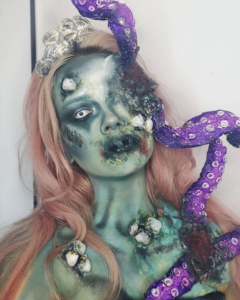 Who knew you could create realistic mermaid fins using a fishnet stocking and a ... This classic Halloween zombie look Colored Contact Lenses Halloween, Contact Lenses Halloween, Zombie Mermaid, Sclera Contacts, Mermaid Fins, Mermaid Look, Realistic Mermaid, Mermaid Fin, Coloured Contact Lenses