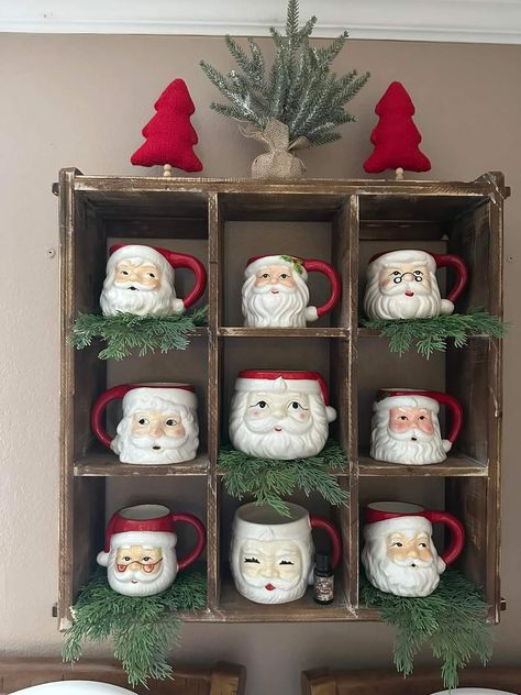 Santa Mug Collection Display, Display Christmas Mugs, Santa Mug Display Ideas, Christmas Mug Display, Santa Mug Display, Santa Mug, Mug Display, Santa Mugs, Face Mug