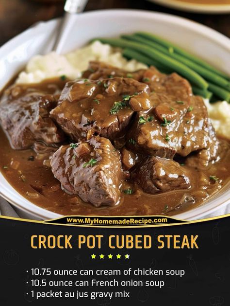 Crock Pot Cubed Steak, Cube Steak Crock Pot Recipes, Recipes Crock Pot, Crockpot Cube Steak, Cubed Steak, Au Jus Gravy, Cube Steak Recipes, Cube Steak, Beef Casserole Recipes