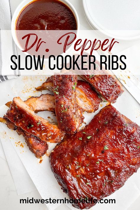 Dr. Pepper Crock Pot Ribs are perfectly fork tender and succulent, slathered in a rich and zesty Dr. Pepper barbecue sauce. Delicious and easy recipe for slow cooker ribs -- perfect for game day, summer BBQs, and family get togethers. Dr Pepper Ribs, Pepper Bbq Sauce, Dr Pepper Bbq Sauce, Crock Pot Ribs, Slow Cooked Ribs, Crockpot Ribs, Country Style Ribs, Pepper Recipes, Dry Rub Recipes