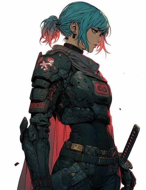 Mexican Anime Woman, Powerful Anime Women, Scifi Mercenary, Black Hair Character Design Female, Punk Character Design, Scifi Concept, Travis Charest, Cyberpunk Inspiration, Anime Blue Hair