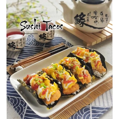 Bahan dan Cara membuat Sushi Taco https://resepmamiku.com/sushi-taco-christinsetiorini Resep Sushi, Sushi Taco, Sushi Nori, Tacos