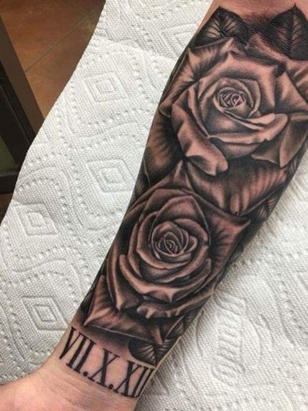 Roses Arm Tattoo Men, Roses And Roman Numerals Tattoo, Four Roman Numeral Tattoo, Rose Half Sleeve Tattoo For Men, Men Tattoo Family, Rose Tattoo Men Forearm Half Sleeves, Roman Numeral Tattoo Men Arm, Rose With Roman Numerals Tattoo, Rose Tattoo Men Arm