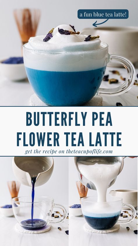 butterfly pea tea, blue tea latte, blue latte, butterfly pea flower Moon Milk Recipe, Blue Latte, Mixology Recipes, Pea Flower Tea, Butterfly Pea Flowers, Tea Lattes, Butterfly Pea Tea, Butterfly Pea Flower Tea, Tea Latte Recipe