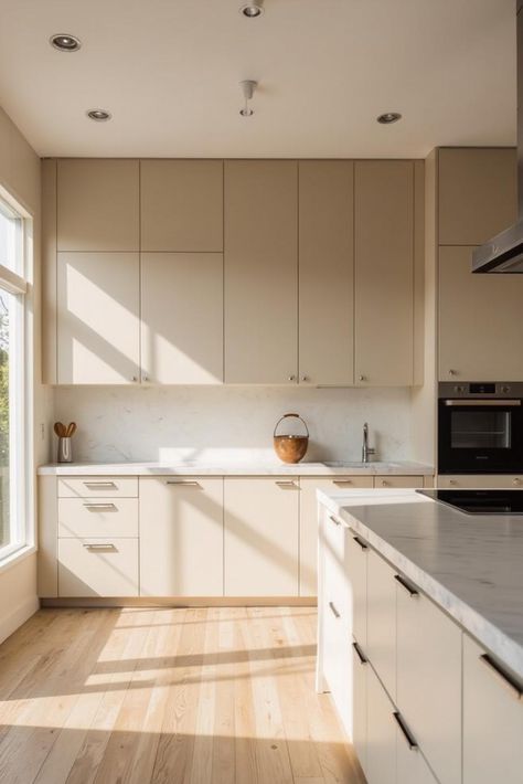 Cream Colored Kitchen Cabinets create a bright, airy minimalist Beige Kitchen.  Handleless design and matte white countertops complete the seamless look. Kitchen Handleless, Colored Kitchen Cabinets, Cream Colored Kitchen Cabinets, Terracotta Bedroom, Beige Kitchen Cabinets, Colored Kitchen, Beige Kitchen, White Countertops, Kitchen Cabinet Colors