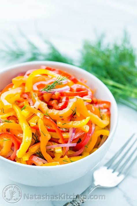 Zesty Mini Bell Pepper Salad Recipe - NatashasKitchen.com Raw Pepper Recipes, Pepper Salad Recipes, Veggie Starters, Bell Pepper Salad, Summer Homework, Pepper Sandwich, Pepper Salad, Pepper Recipes, Bell Pepper Recipes