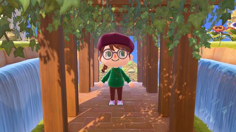 A pergola tunnel between two waterfalls Pergola Ideas Animal Crossing, Pergola Animal Crossing, Animal Crossing Pergola Ideas, Acnh Tunnel, Animal Crossing Pergola, Pergola Acnh, Pergola Tunnel, Waterfalls Acnh, Acnh Pergola Ideas