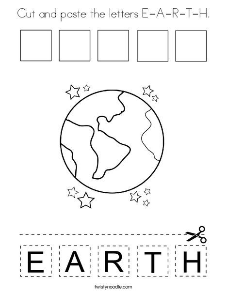 Cut and paste the letters E-A-R-T-H Coloring Page - Twisty Noodle Žemės Diena, Earth Week Preschool, Planets Activities, Earth Day Worksheets, Facts About Earth, Earth Day Coloring Pages, Kinder Worksheets, Recycling Activities, Home Day Care