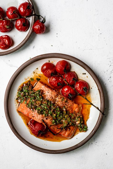 Baked Salmon With Red Chimichurri Sauce | Sandra Valvassori Red Chimichurri Sauce, Baked Cherry Tomatoes, Best Salmon Recipes, Canned Salmon Salad, Red Chimichurri, Best Salmon Recipe, Canned Salmon Recipes, Smoked Salmon Dip, Best Salmon