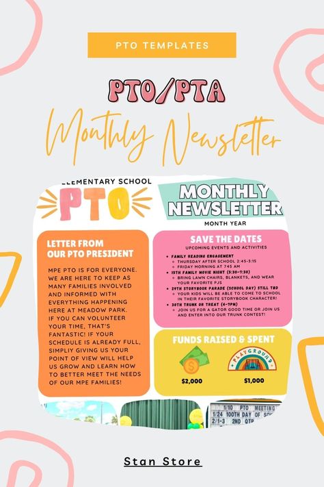 An easy to fill out newsletter that will keep your community informed and involved. It's included in the PTO/PTA Forms Bundle! Pto Forms Free Printable, Pto Fundraising Ideas, Pto Fundraisers, Pto Events, Pta Newsletter, Pta Board, Pto Board, Pta Events, Pta Ideas