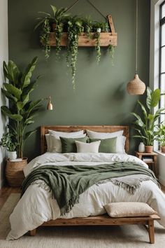 Bedroom Sage Green Bedding, Green Room Asthetics Bedrooms, Over The Headboard Decor, Sage Wall Bedroom, Pine Green Bedroom, Sage Boho Bedroom, Green Bedroom With Plants, Sage Green Wall Bedroom, Sage Bedding Aesthetic