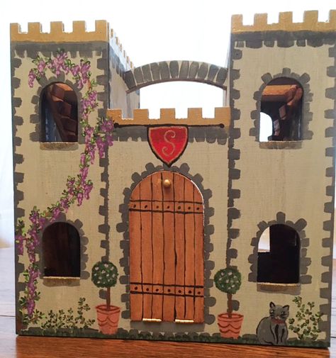 Wooden Castle Painting Ideas, Painted Wooden Castle, Wood Castle Dollhouse, Castle Dollhouse Ideas, Michaels Wooden Castle, Michaels Castle Dollhouse, Wooden Castle Dollhouse, Castle Diy, Wood Castle