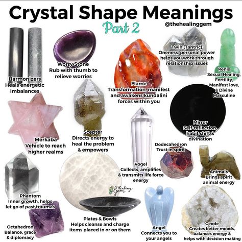 The Healing Gem | Crystal Shop on Instagram: “Crystal Shape Meanings Part 2!! I read through your comments and questions about other shapes and decided to put them together. 💕🥳 Hope…” Gem Meanings, Crystal Meanings Charts, Gemstones Chart, Crystal Healing Chart, Shape Meaning, Crystal Guide, Witch Spell Book, Spiritual Crystals, Crystal Therapy