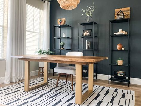 Live Edge Dining Room, Modern Office Space, Ikea Hemnes, Modern Home Office, Office Rug, Living Room Grey, Black Walls, Home Office Design, Modern Spaces