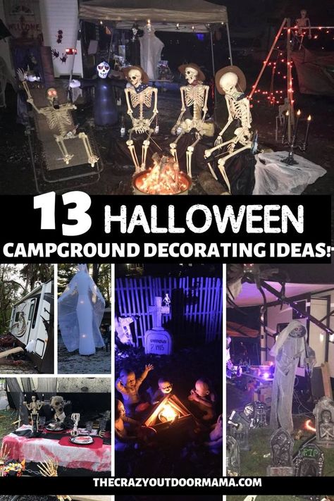 Make your RV camp the scariest this Halloween with these 13 spooky ideas! Zombies, ghosts, and spider infested campers are just the start of these halloween displays! Halloween Outside Theme Ideas, Halloween Outdoor Display Ideas, Best Outdoor Halloween Displays, Outdoor Halloween Scene Ideas, Trailer Halloween Decor, Halloween Decorations Outdoor Camper, Halloween Themes For Camping, Ez Up Tent Decor Halloween, Decorating Rv For Halloween