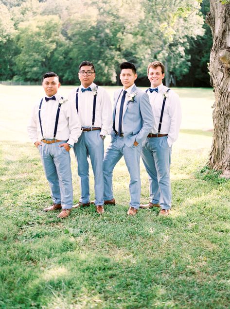 Grey Suit Pants, Navy Blue Suspenders, Wedding Entourage, Groomsmen Looks, Blue Suspenders, Black Suspenders, Suspenders Men, Grey Trousers, Groomsmen Attire