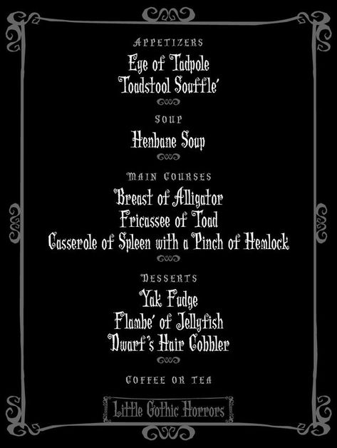 Disney Meals, Themed Dinners Ideas, Gothic Family, Disney Movie Night Food, Menu Halloween, Creepy Quotes, Addams Family Movie, Goth Stuff, Halloween Menu