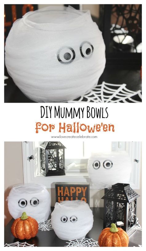 DIY Mummy Bowls - Love Create Celebrate Mummy Party Decorations, Halloween Party Favours, Diy Mummy Decorations, Diy Halloween Candy Bowl, Halloween Mummy Decorations, Mummy Decor, Tulle Decor, Mummy Party, Candles Candy