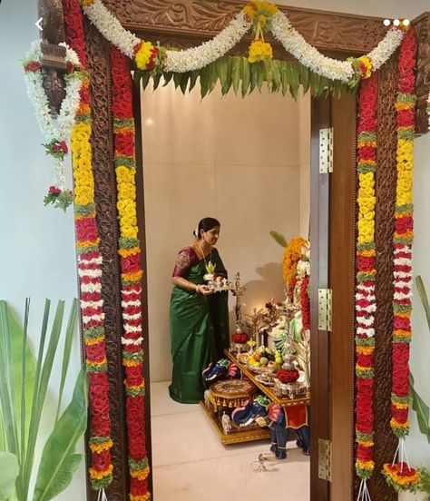 Grihapravesh Decoration, Diwali Decorations At Office Entrance, Home Warming Decorations Indian, Door Flower Decoration Entrance, Door Flower Decoration Indian, Gruhapravesam Decoration Ideas, Door Flower Decoration, Women Praying, Lakshmi Pooja