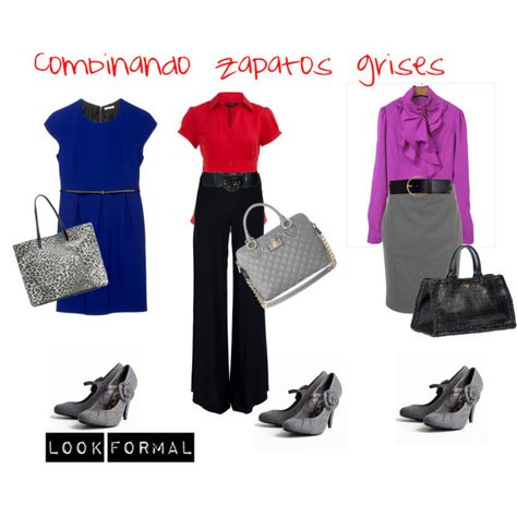 Combinando zapatos grises, created by fiorella-garcia-pacheco-morzan Look Formal, Work Attire, Work Outfit, Fashion Inspiration, Clothing Accessories, Designer Clothing, Blossom, Bags For Women, Fall Winter