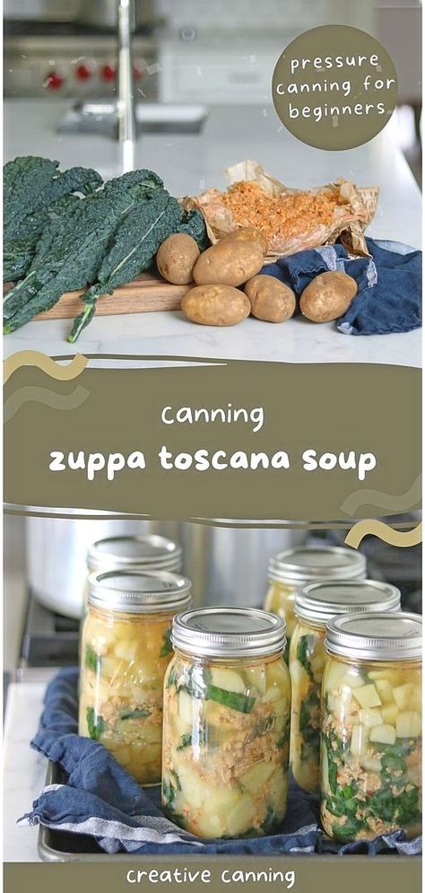 Start your canning journey with canning Zuppa Toscana soup, a favorite for many. This guide, tailored for pressure canning for beginners, breaks down the process of preserving this Olive Garden-inspired delight. Find more meal canning recipes, pressure canning recipes, and meat canning recipes at creativecanning.com. Canning Zuppa Toscana, Canning Diva Recipes, Canning Zuppa Toscana Soup, Pressure Canning Recipes For Beginners, Soups For Canning, Winter Canning Recipes, Canning Sausage, Canning Beef Stew, Meat Canning