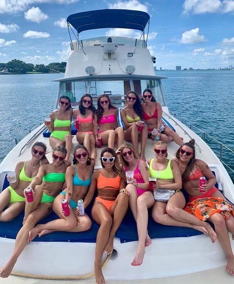 Boat Bachelorette Party, Boat Party Outfit, Neon Pool Parties, Barbie Bachelorette, Bachelorette Pool Party, Miami Bachelorette Party, Neon Swimsuit, Scottsdale Bachelorette, Bachelorette Party Beach