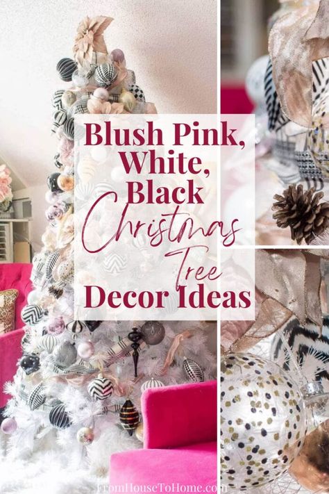 I love these blush pink, white and black ornaments on a white Christmas tree. Such pretty decorations! Black Christmas Tree Decor, White And Black Christmas Tree, White And Black Christmas, Christmas Color Schemes, Black And White Christmas Tree, Black Christmas Tree Decorations, Pink Christmas Tree Decorations, Glam Christmas Tree, Black Christmas Decorations