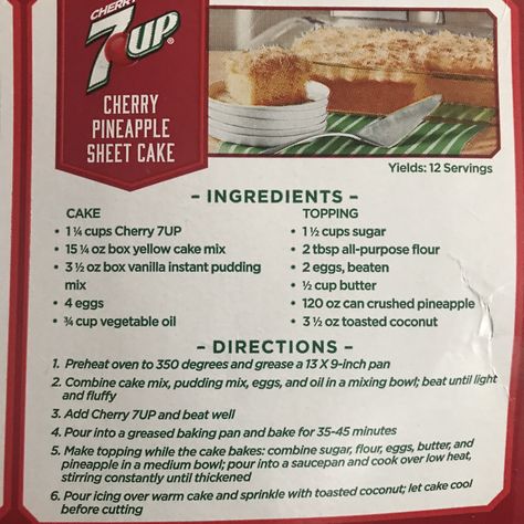 7-Up Cherry Pineapple Cake Cherry 7 Up Cake, Pineapple Icing, Pineapple Treats, Seven Up Cake, Pineapple Sheet Cake, Doctored Cake Mix Recipes, Pineapple Cakes, 7 Up Cake, Cake With Pineapple